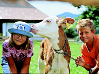 Bayern Bauernhofurlaub: Kinder mit Kälbchen in Tegernsee